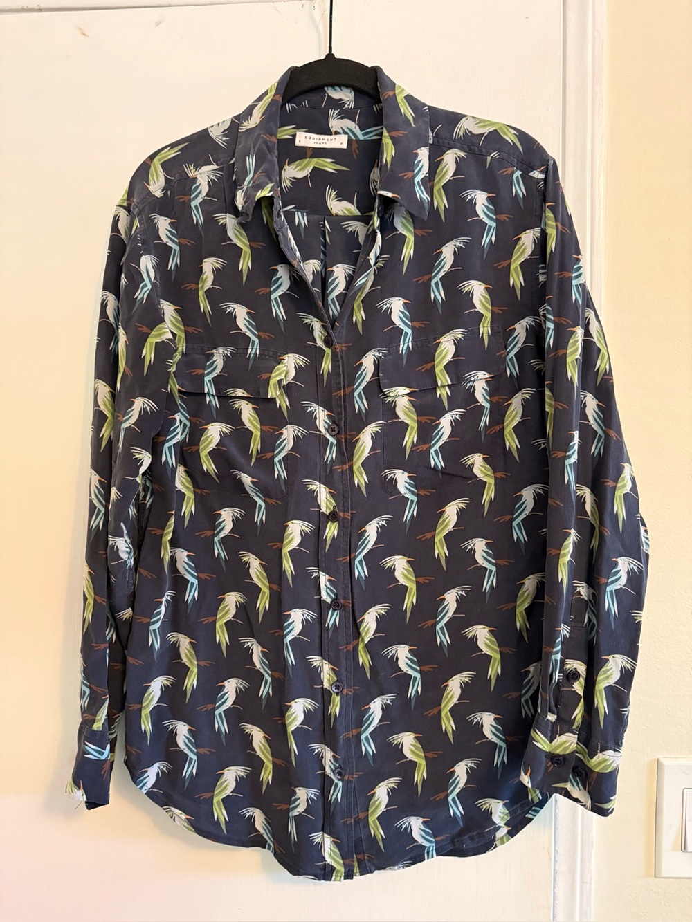 Equipment Navy Button-Up Shirt with Green & Light Blue Bird Print
